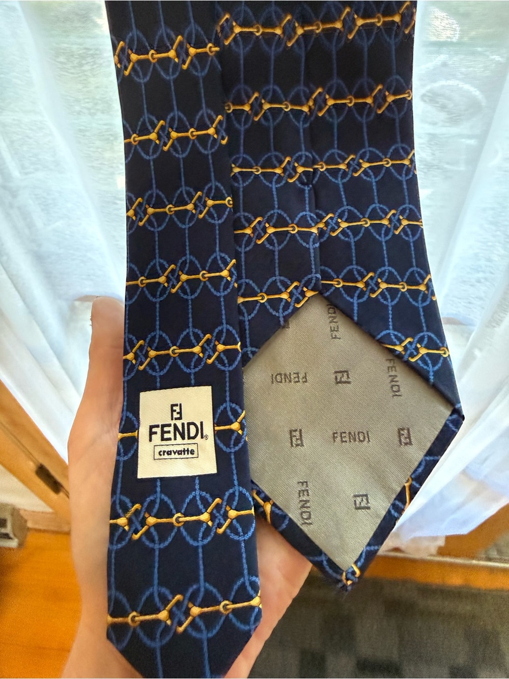 Fendi Navy Tie with Gold Chain Pattern
